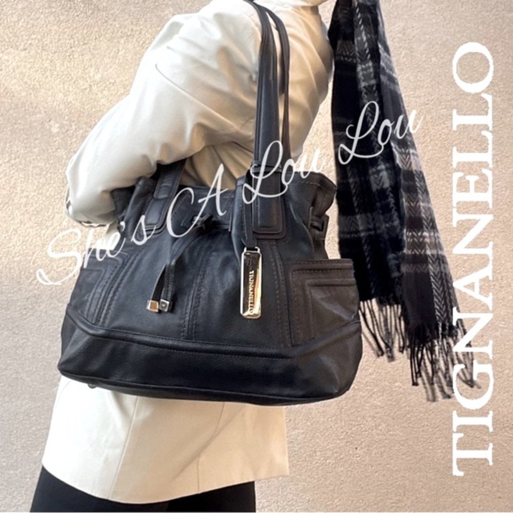 TIGNANELLO Super Stitch Drawstring Shopper Satchel - Expresso Blk/Brn & Scarf